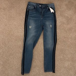satin side stripe straight leg jeans